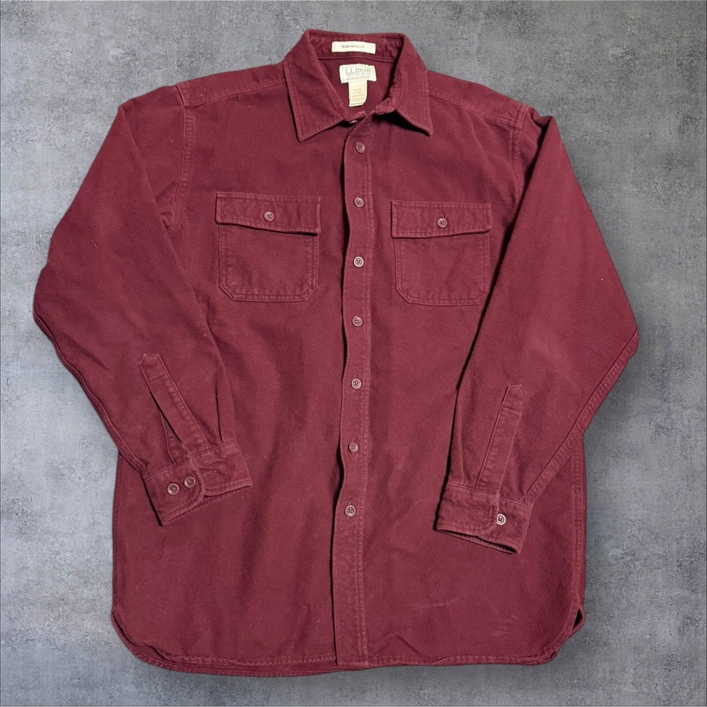 L.L. Bean Chamois Shirt Mens Red LS‎ Cotton Flannel Button Up - L Tall